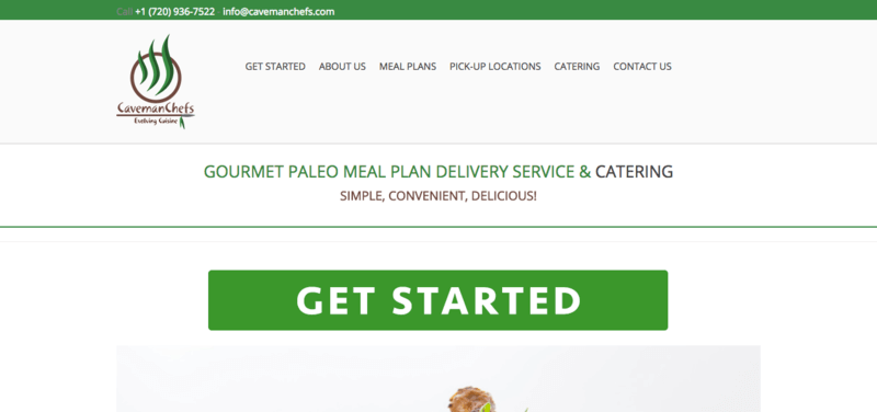 Caveman Chefs website screenshot showing details about the company and a 'Get Started' tagline.