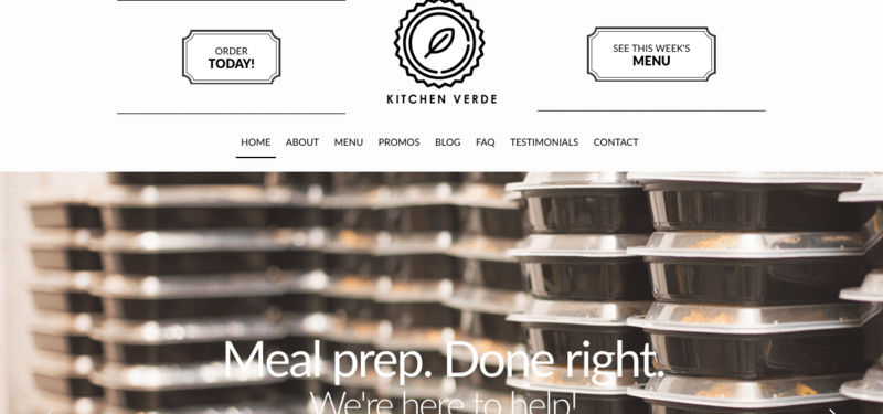 Kitchen Verde website screenshot showing many containers of prepared food.