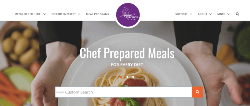 Magic Kitchen website screenshot showing a pair of hands holding a bowl with pasta