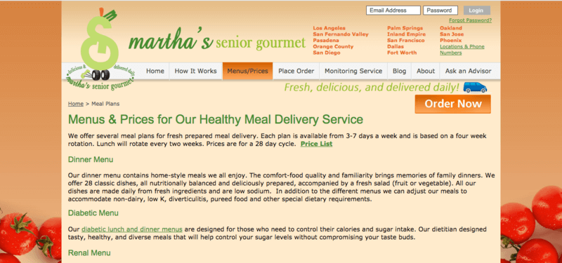 martha's senior gourmet website screenshot showing a description of various services.