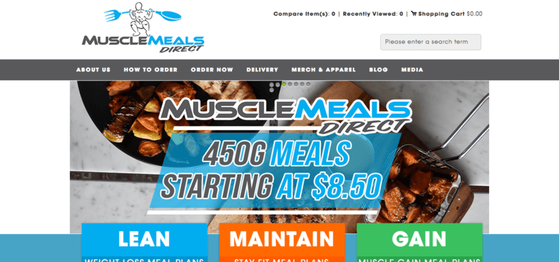 Muscle Meals Direct website screenshot showing two meals that are heavy in meat