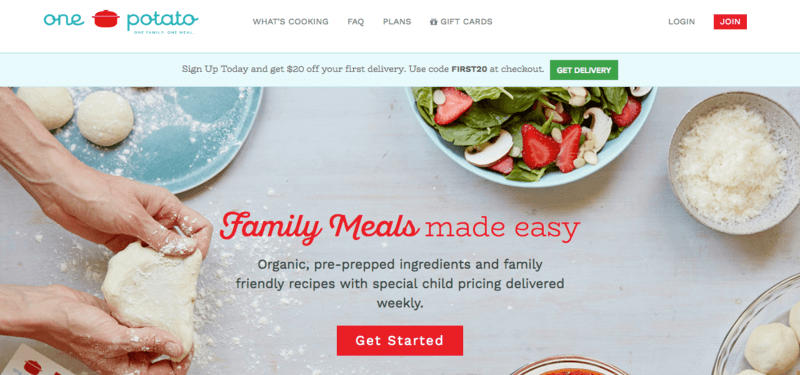 One Potato screenshot showing hands kneading dough over a table, along with a fresh salad, flour, dough and introductory text