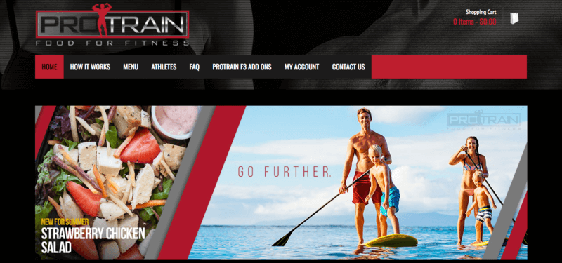 ProTrain website screenshot showing a Strawberry Chicken Salad and a family on the ocean