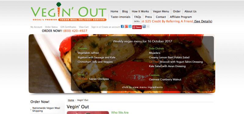 Vegin' Out website screenshot showing roast veges, with the company's menu overlaid on top.