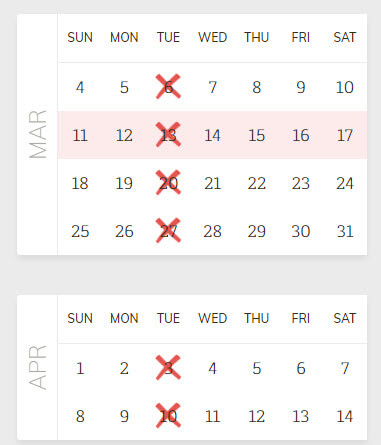 calendar with red x's showing meals not being delivered for subsequent weeks
