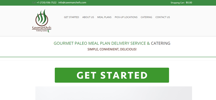 Caveman Chefs website screenshot showing green and black text, along with a large green 'Get Started' button.