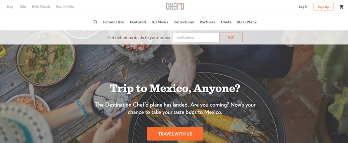 Chef’d website screenshot showing a family cooking on a grill. Food includes corn and various meals.