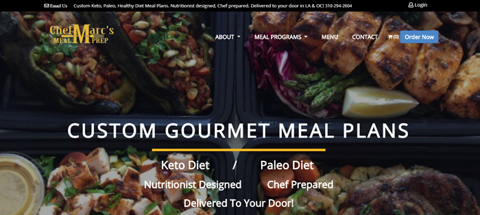 Chef Marc’s Meal Prep website screenshot showing a background image of various meals, along with white text about custom gourmet meal plans.