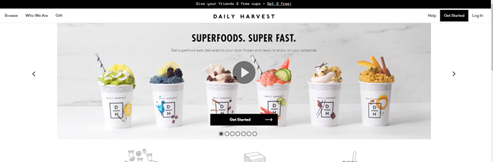 Daily Harvest website screenshot showing six different shakes from the company.