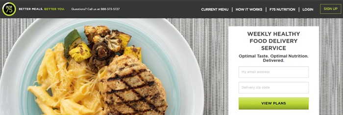 Factor 75 website screenshot showing a plate of food that includes chicken, veggies and pasta.