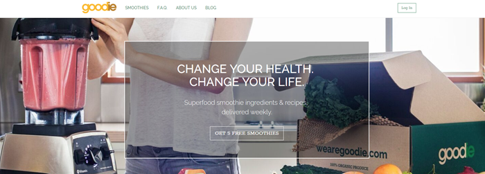 Goodie website screenshot showing a background image of a woman preparing a smoothie from a Goodie box.