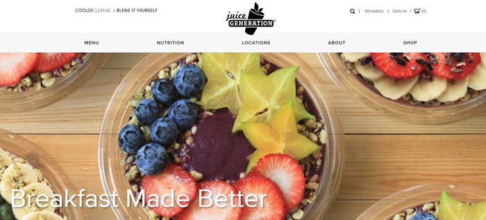 Juice Generation website screenshot showing a bowl of granola with various sliced fruits.