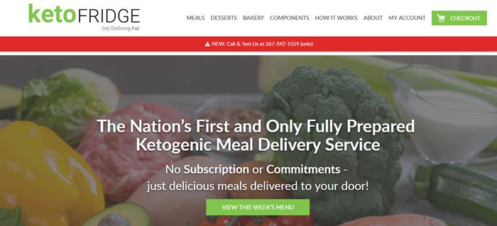 Keto Fridge website screenshot showing a background image of keto milk and white text about the delivery service.
