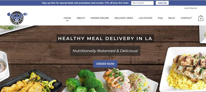 Muscle Up Meals website screenshot showing various meals on a dark wooden background.