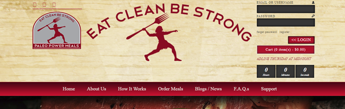 Paleo Power Meals website screenshot showing a light brown wooden background with an image of a paleo-like man holding a fork.