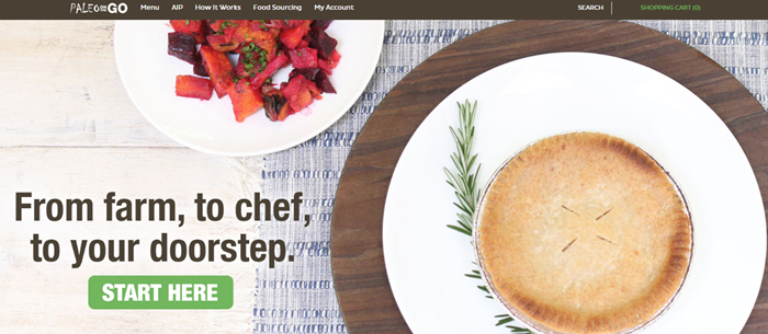 Paleo on the Go website screenshot showing two plates of food, one with a salad and the other with a pie.