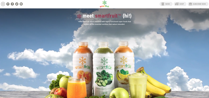 Smartfruit website screenshot showing three of the bottled juices from the company against a blue sky and cloud backdrop.