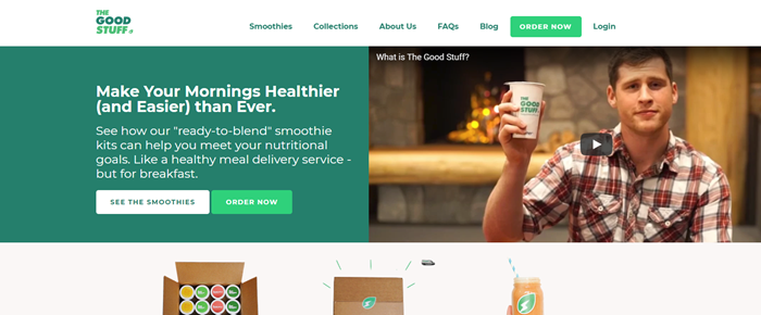 The Good Stuff website screenshot showing a man in a plaid shirt holding up a smoothie cup.