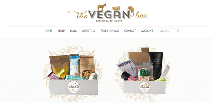 The Vegan Box website screenshot featuring two different boxes from the company, one that contains snacks and the other that contains beauty products.