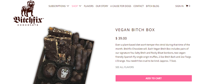 Vegan Bitch Box website screenshot showing an image of the box with chocolates, along with a description and pricing details.