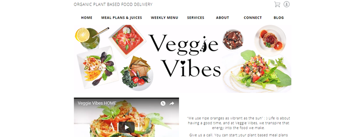 Veggie Vibes website screenshot showing a range of plant-based meals from the company and a paused video.