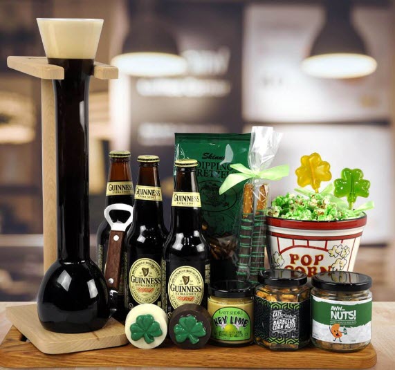 A selection of Irish-related products, including Guinness, snacks and green popcorn.