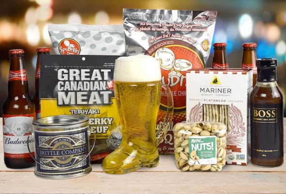 A selection of different beers and sauces, along with a boot glass that is filled with beer.