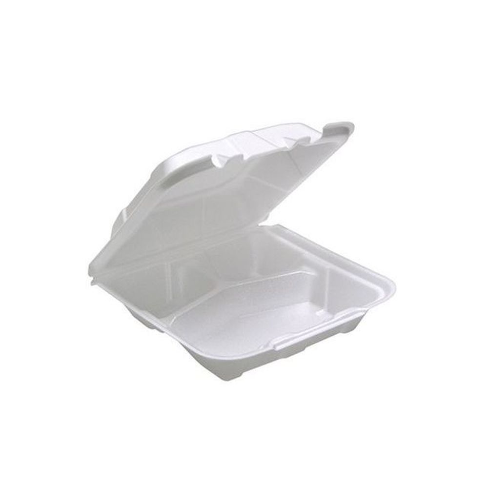 Evergreen White Polystyrene Foam 3 Compartment Container with Vented Hinged Lid