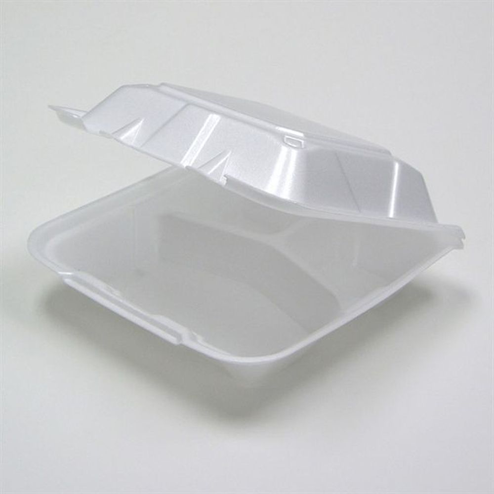 Evergreen White Polystyrene Foam Three Compartment Container with Vented Hinged Lid
