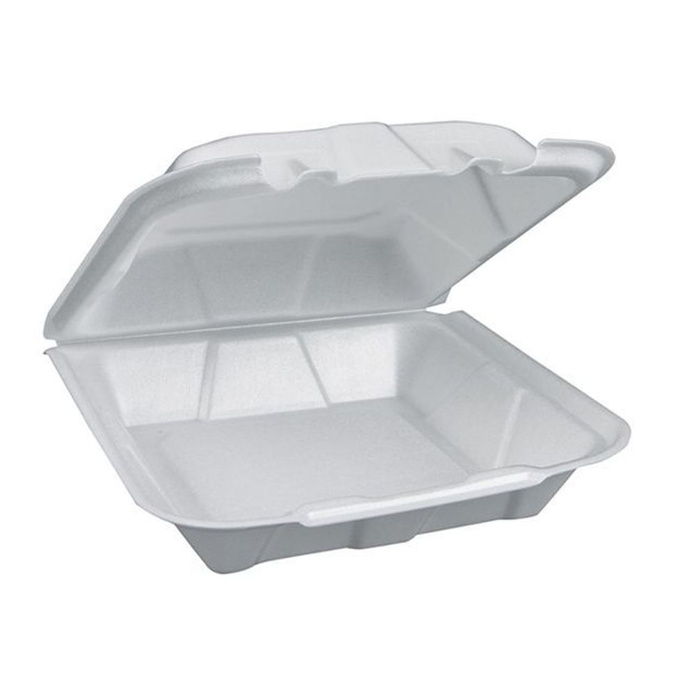 Evergreen White Economy Polystyrene Foam One Compartment Container with Hinged Lid