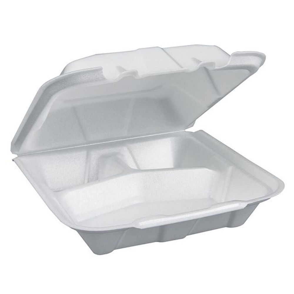 Evergreen White Economy Polystyrene Foam 3 Compartment Container with Vented Hinged Lid
