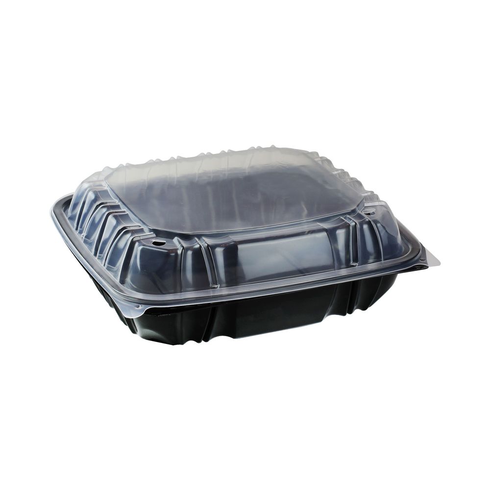 Black/Clear Polypropylene One Compartment Vented Hinged Lid Container