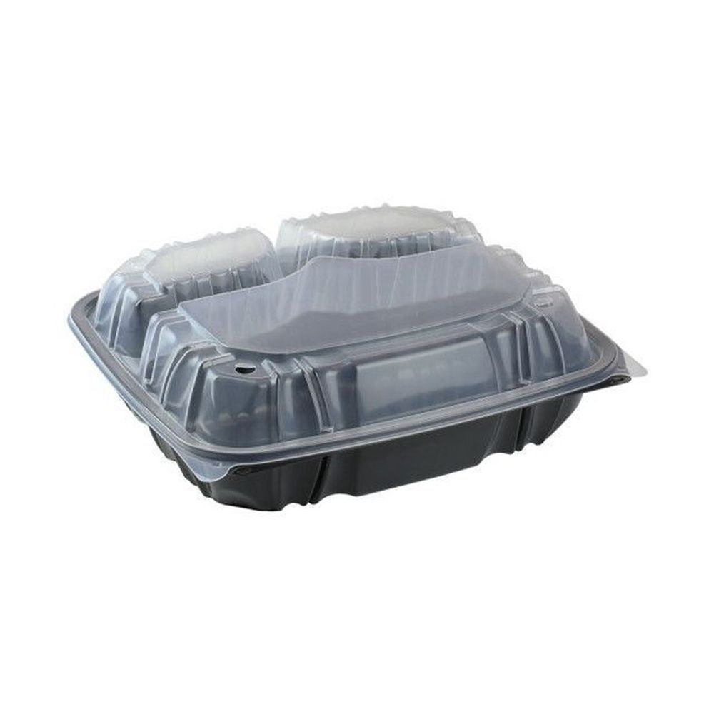 Black/Clear Polypropylene 3 Compartment Vented Hinged Lid Container