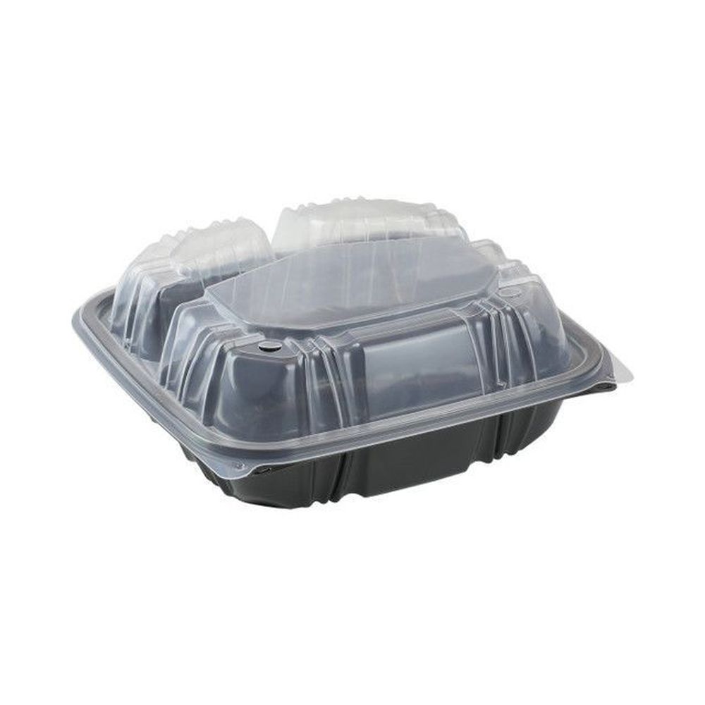 Black/Clear Polypropylene Three Compartment Vented Hinged Lid Container