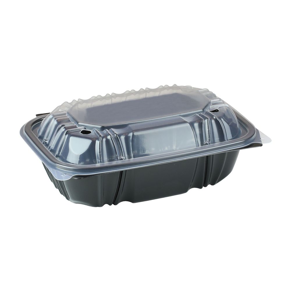 Black/Clear Polypropylene 1 Compartment Vented Hinged Lid Container