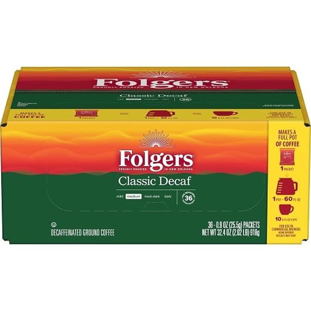 Folgers 0.9 Ounce Classic Decaffeinated Ground Coffee - Windowpack, 36 Count