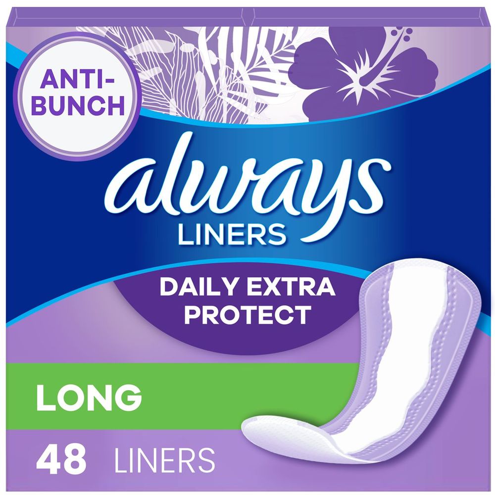 Always Anti-bunch Long Daily Extra Protect Liners, 48 Count -- 6 Per Case