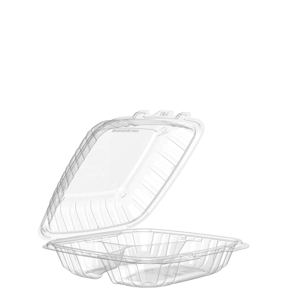 Polypropylene Plastic Clear 3-Compartment Hinged Entree Container