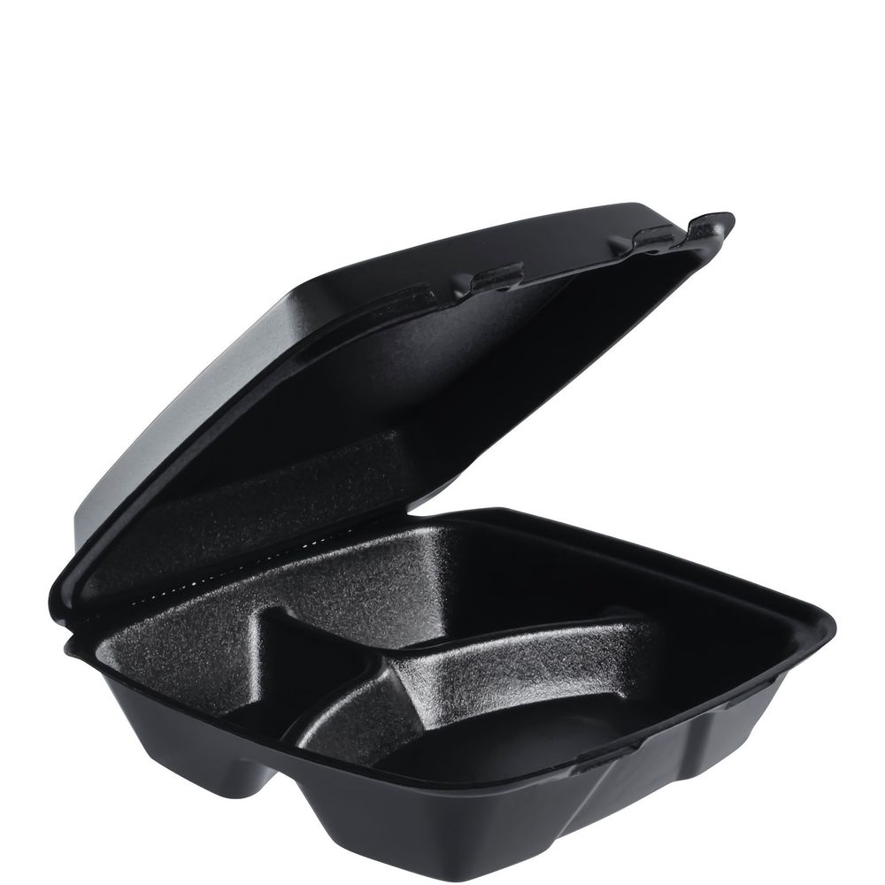 Black XPS Large 3-Compartment Insulated Foam Hinged Container with Removable Lid