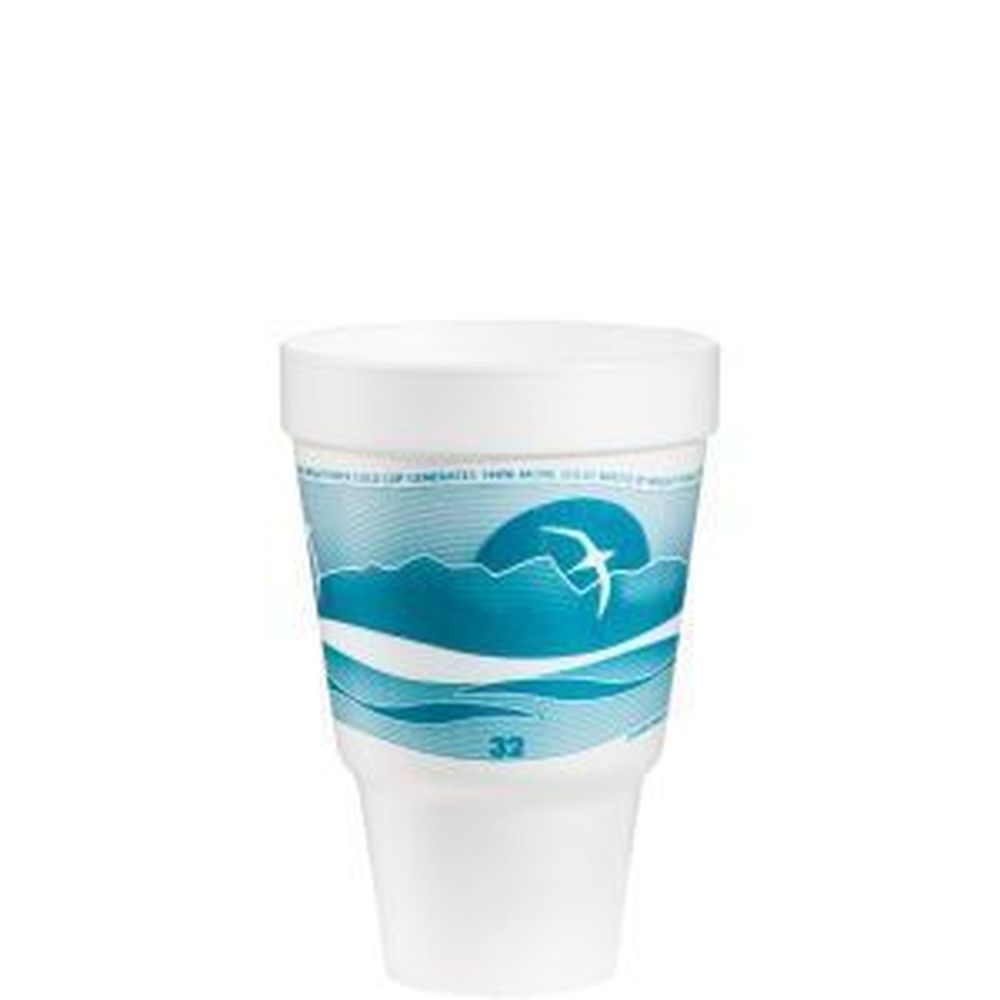 J Cup White With Horizon Teal Print Eps Insulated Foam Pedestal Squat Cup, 32 Ounce Capacity -- 500 Per Case