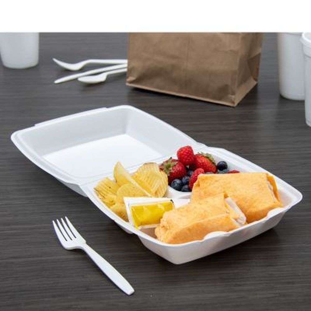 White XPS Large 3-Compartment Insulated Foam Hinged Container