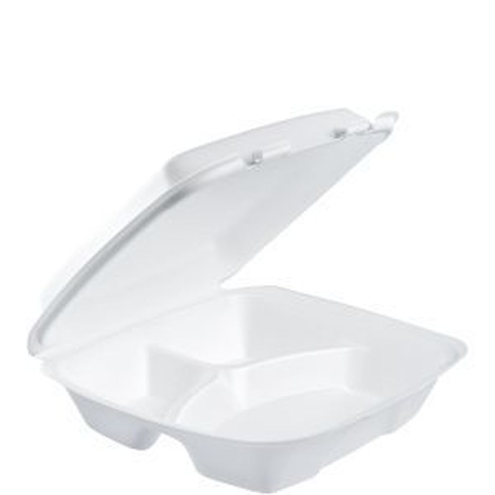 White XPS Large 3-Compartment Insulated Foam Hinged Container with Removable Lid