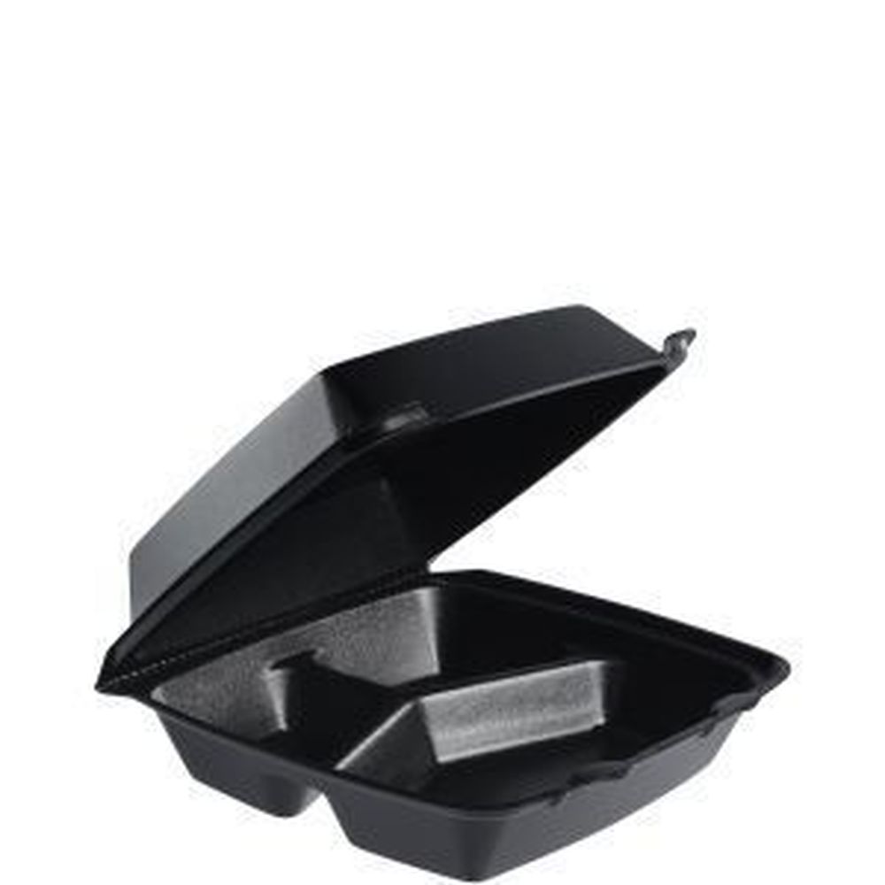 Black XPS Medium 3-Compartment Insulated Foam Hinged Container with Removable Lid