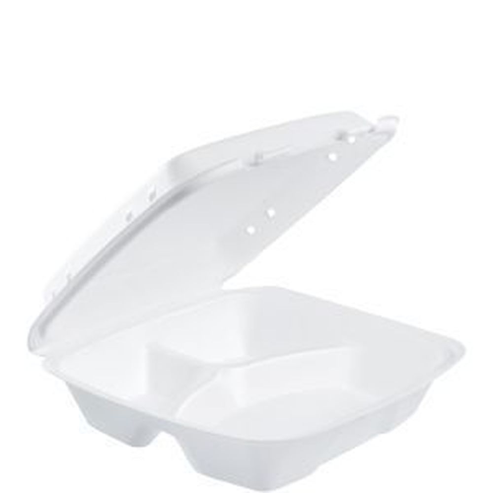 White 3 Compartment XPS Insulated Foam Hinged Container with Vented Removable Lid