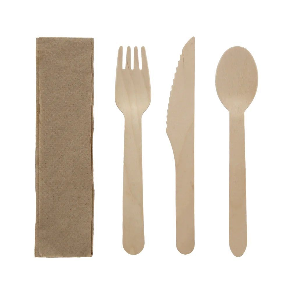 Wood Kraft Fork Knife Teaspoon Napkin 4 Piece Cutlery Meal Kit