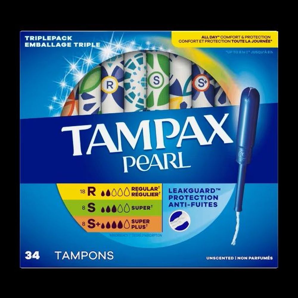 Tampax Pearl Regular/super/super Plus Absorbency Unscented Trio Pack Tampons With Leakguard Braid, 34 Count -- 6 Per Case