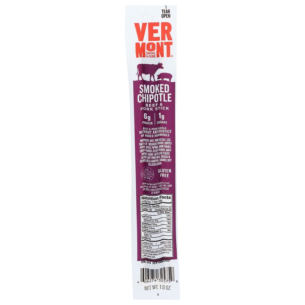 Vermont Smoke & Cure Smoked Chipotle Beef And Pork Sticks, 1 Ounce -- 24 Per Case
