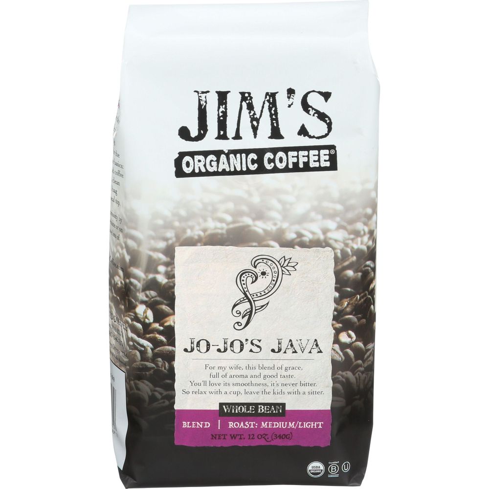 Jim's Organic Coffee Jo Jo's Java Medium/light Roast Whole Bean Coffee, 12 Ounce -- 6 Per Case