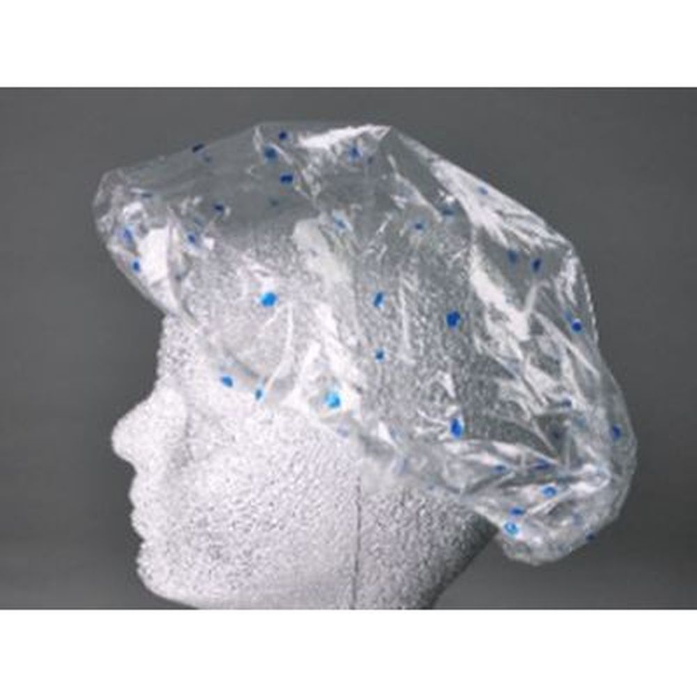 0.8 mil LDPE Shower Cap Clear with Blue Dots