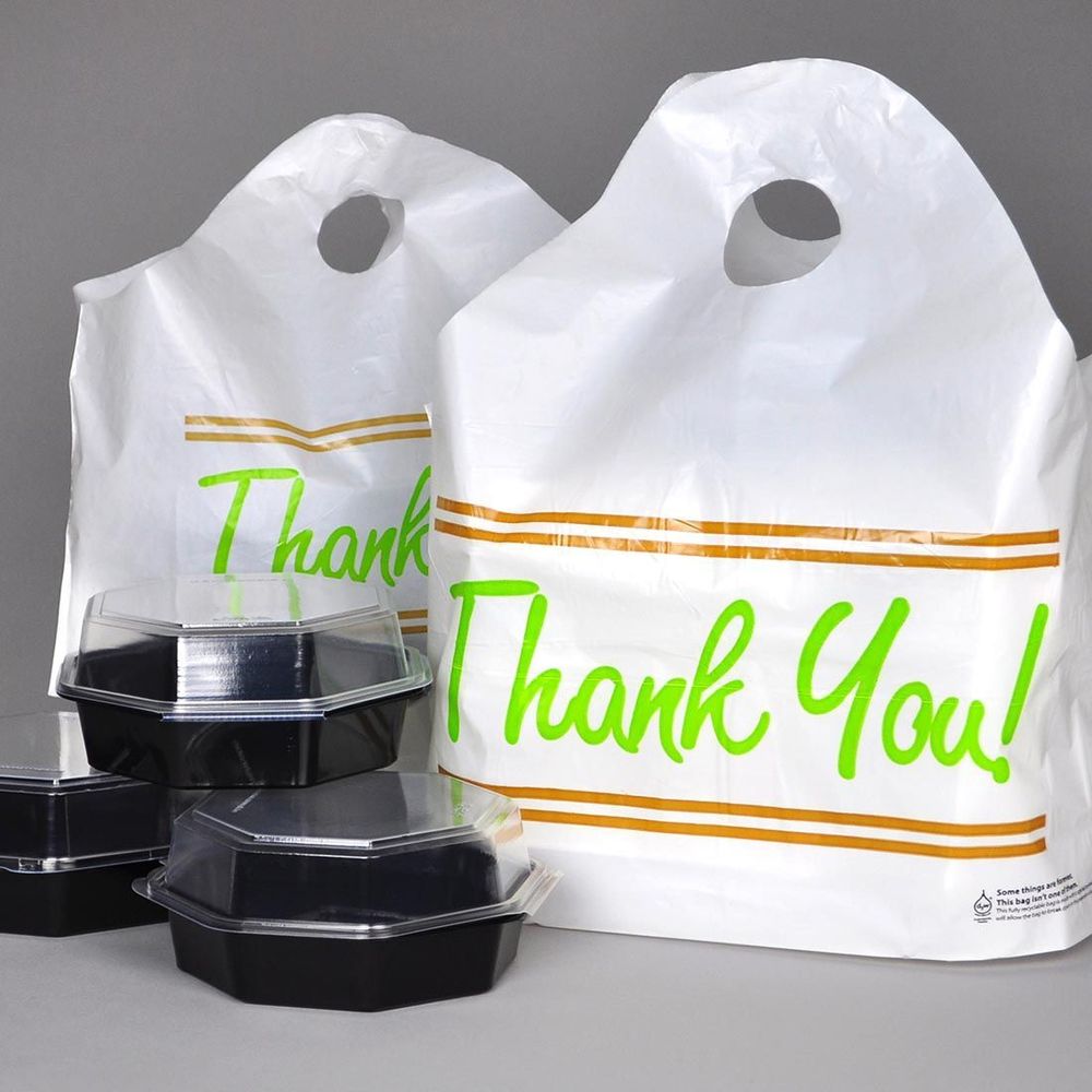 1.5 mil HDPE Thank You Printed White Take Out Bag with Wave Top Handle 24 x 20 inch